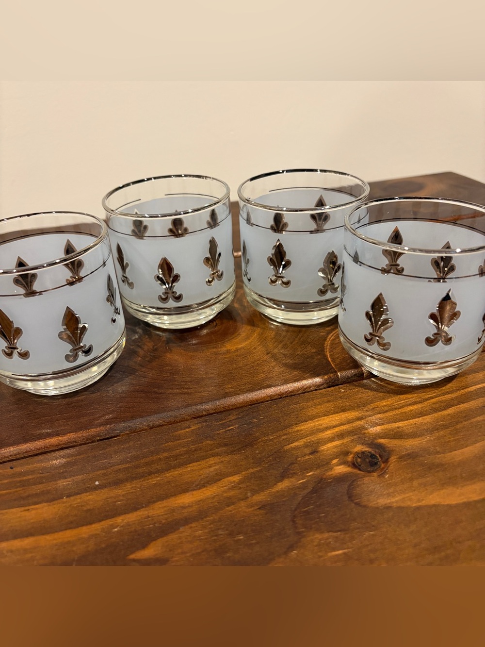 Libbey Silver Fleur De Lis Frosted 3.25" T  3”D Juice Glasses MCM Set of 4